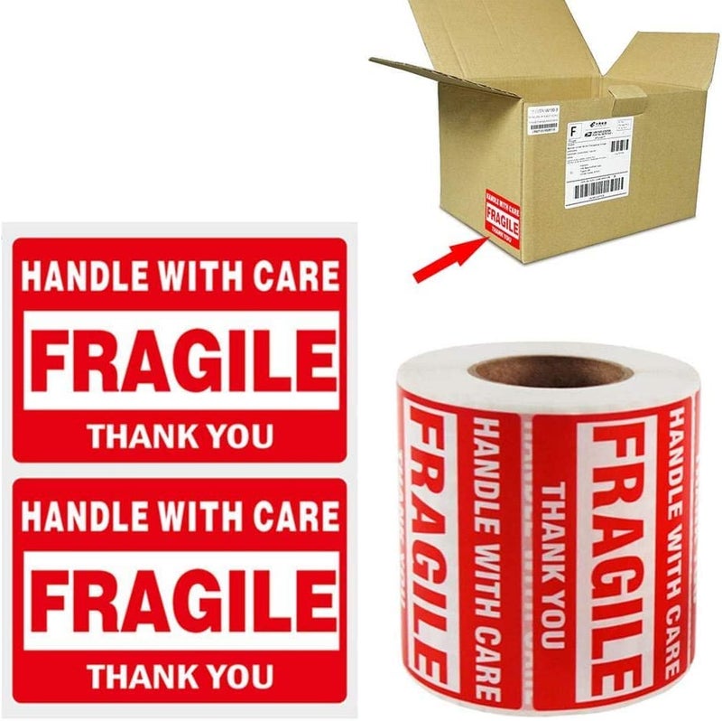 Immuson Warning Fragile Tape, 3" X 2" Fragile Handle with Care Warning Stickers for Shipping and Packing,500 Labels Per Roll (2 Rolls)